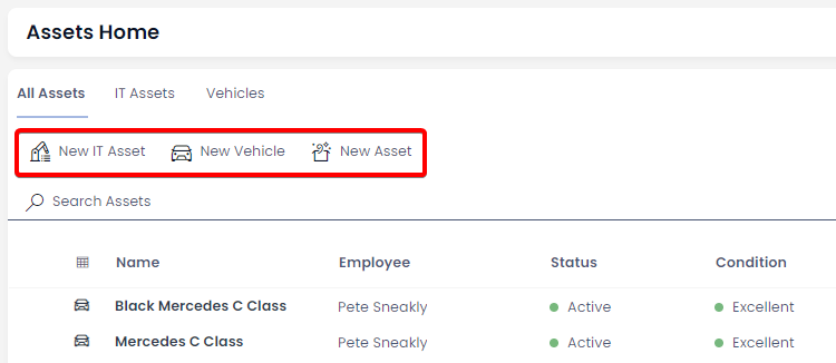 A screenshot of the &quot;New X&quot; buttons in the Command Bar at the top of the Assets page. The screenshot is annotated with a red box to highlight the location of the buttons: &quot;New IT Asset&quot; (which has an icon of a robot arm), &quot;New Vehicle&quot; (which has an icon of a car), and &quot;New Asset&quot; (which has an icon of a box with confetti inside).